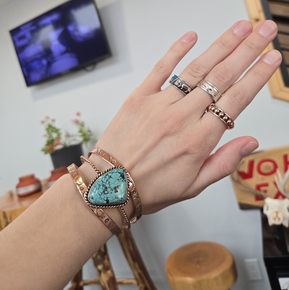 Turquoise Copper Engraved Cuff Bracelet - Picture 2 of 6